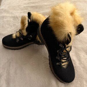 Brand NEW Black Suede Winter Boots with Faux Fur Trim — Lace-Up, Size 8